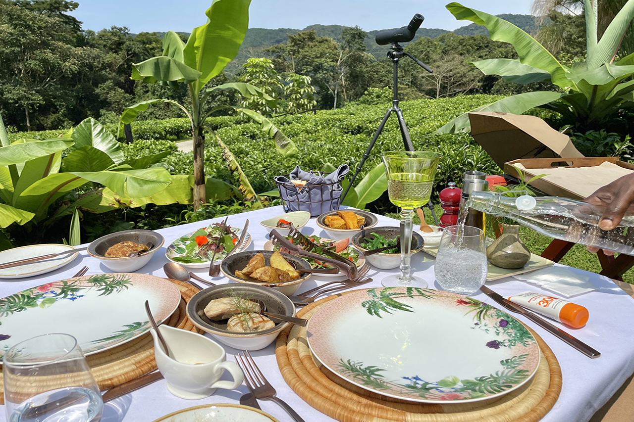 Mittagessen mit Blick in die Teeplantage des Hotels One and Only Nyungwe House in Nyungwe bei Tageslicht buchbar über Reiss Reisen